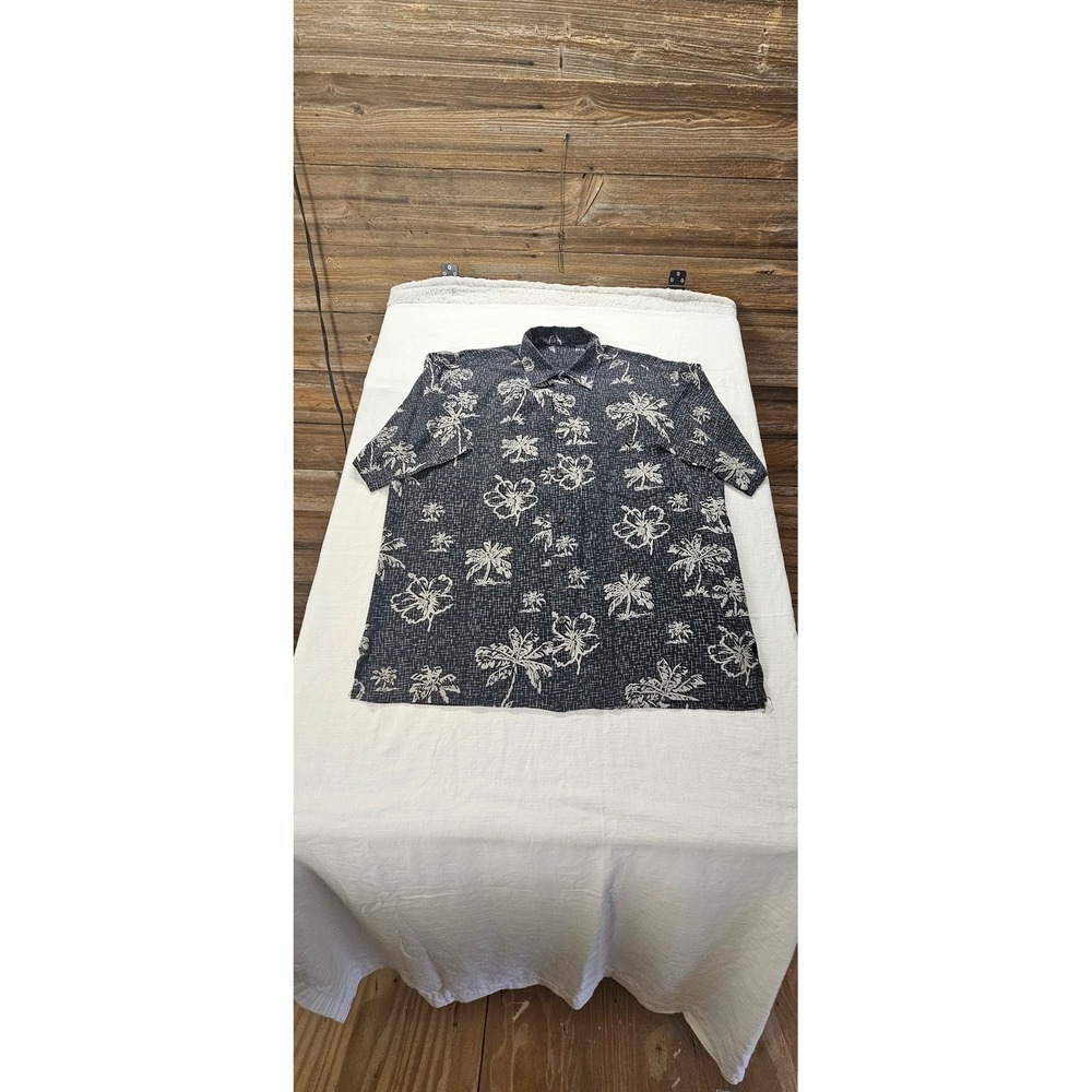 Mens Black  Tropical Palm Tree Hibiscus Floral Button Down Shirt XL